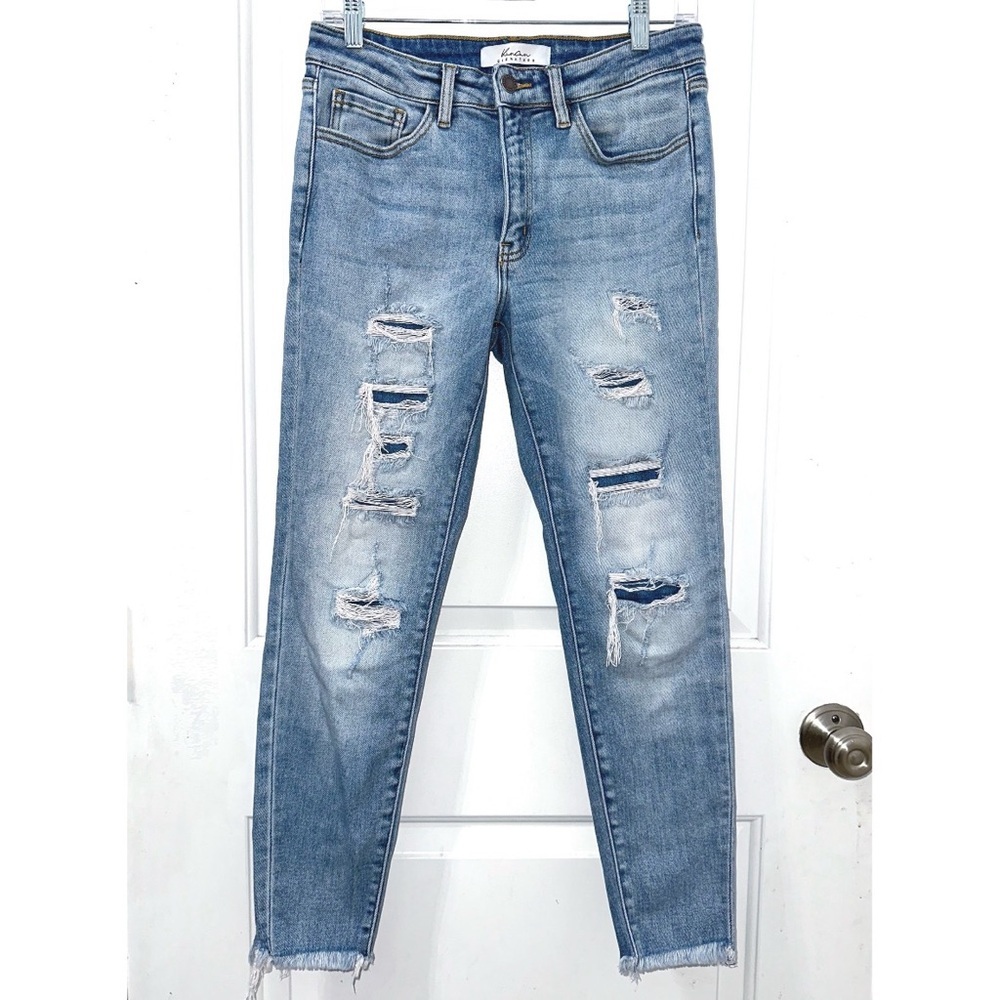 Distressed Blue Kancan Signature Skinny Raw Hem Ankle Denim Blue Jean Distressed